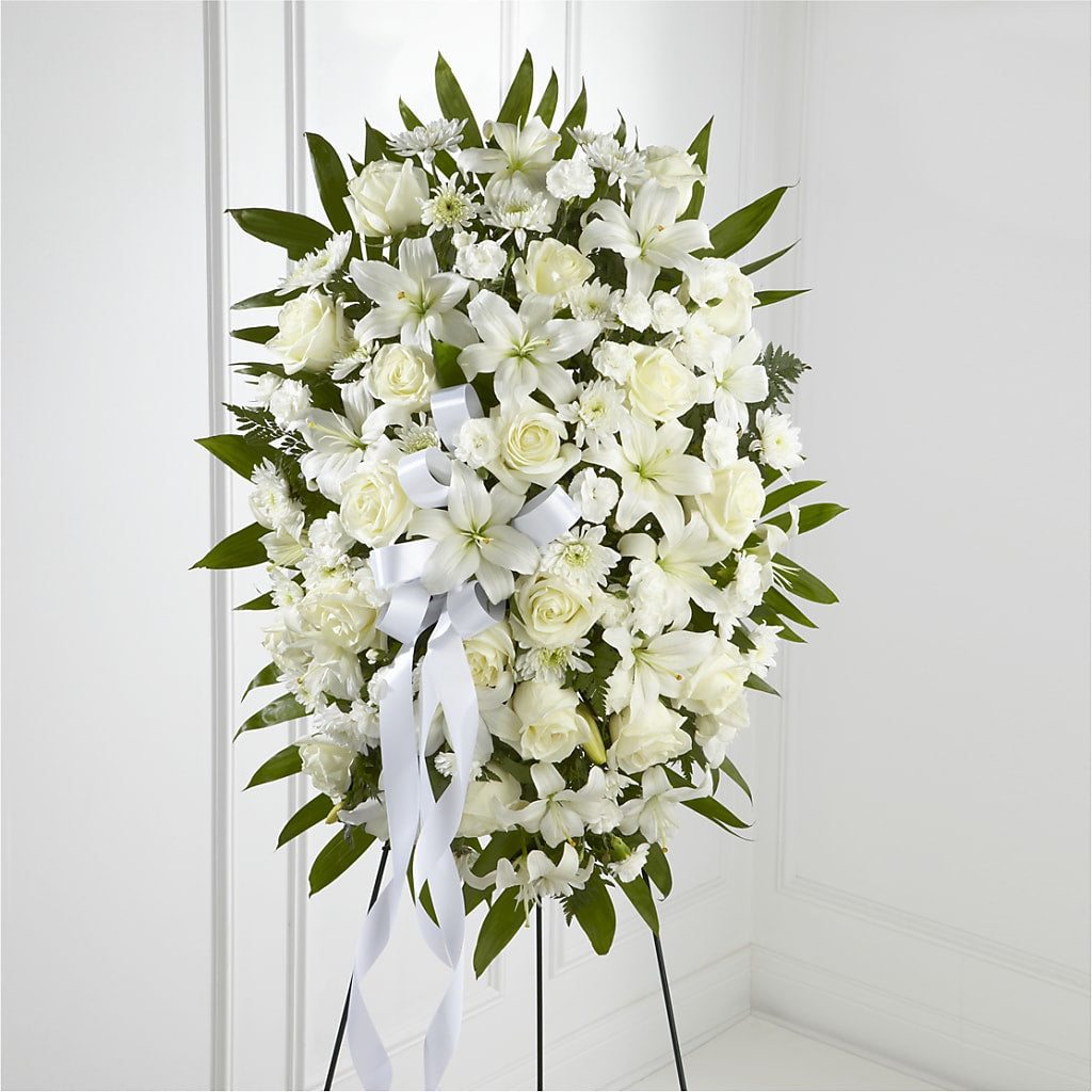 Exquisite Tribute Standing Spray-White Ribbon – ANTONIO FLOWERS & GIFTS, Miami FL